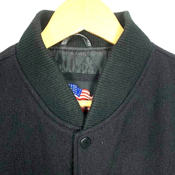 Varsity Letterman Aviator Bomber Jacket XL Black Leather Wool Embroidered Racing - Picture 3 of 14